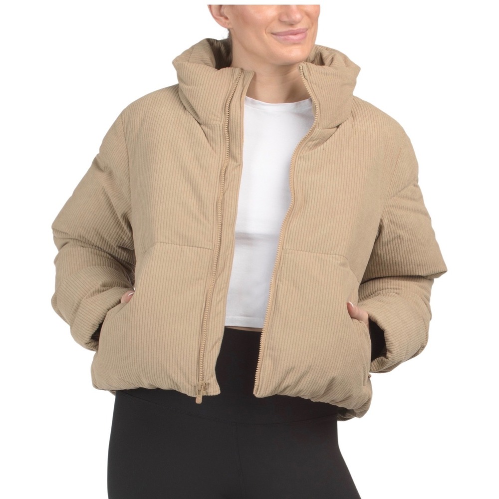 NWT Under Armour Women's L Brown Corduroy Cropped Funnel Neck Down Puffer Coat